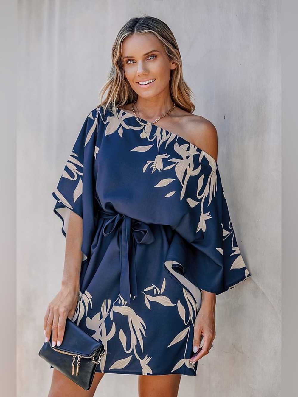 Cupshe Navy Off/One Shoulder Floral Tie-Waist Dress
